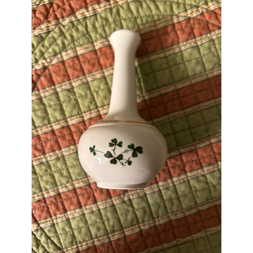 Carrigaline Pottery Bud Vase Gold Trim Shamrock approx 4" Cork, Ireland EUC